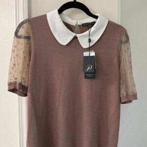 Adrianna Papell Taupe Blouse with White Collar